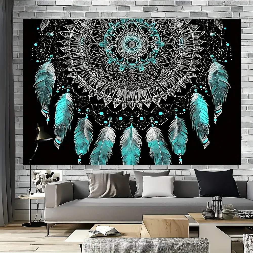 Bohemian Teal & Black Mandala Wall Tapestry - Elegant Wall Hanging Suitable for Weddings, Birthdays, Anniversaries, Easter, Valentine' Day, Father' Day - Fabric Decor for Home, Garden, Event Spaces