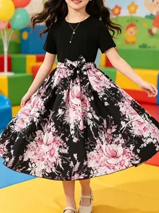 Kids Crew Neck Ribbed Waist Tie Floral Swing Midi Dress, Elegant Hearts Pattern, Quick-Dry Airy Fabric, Perfect for Beach & Travel
