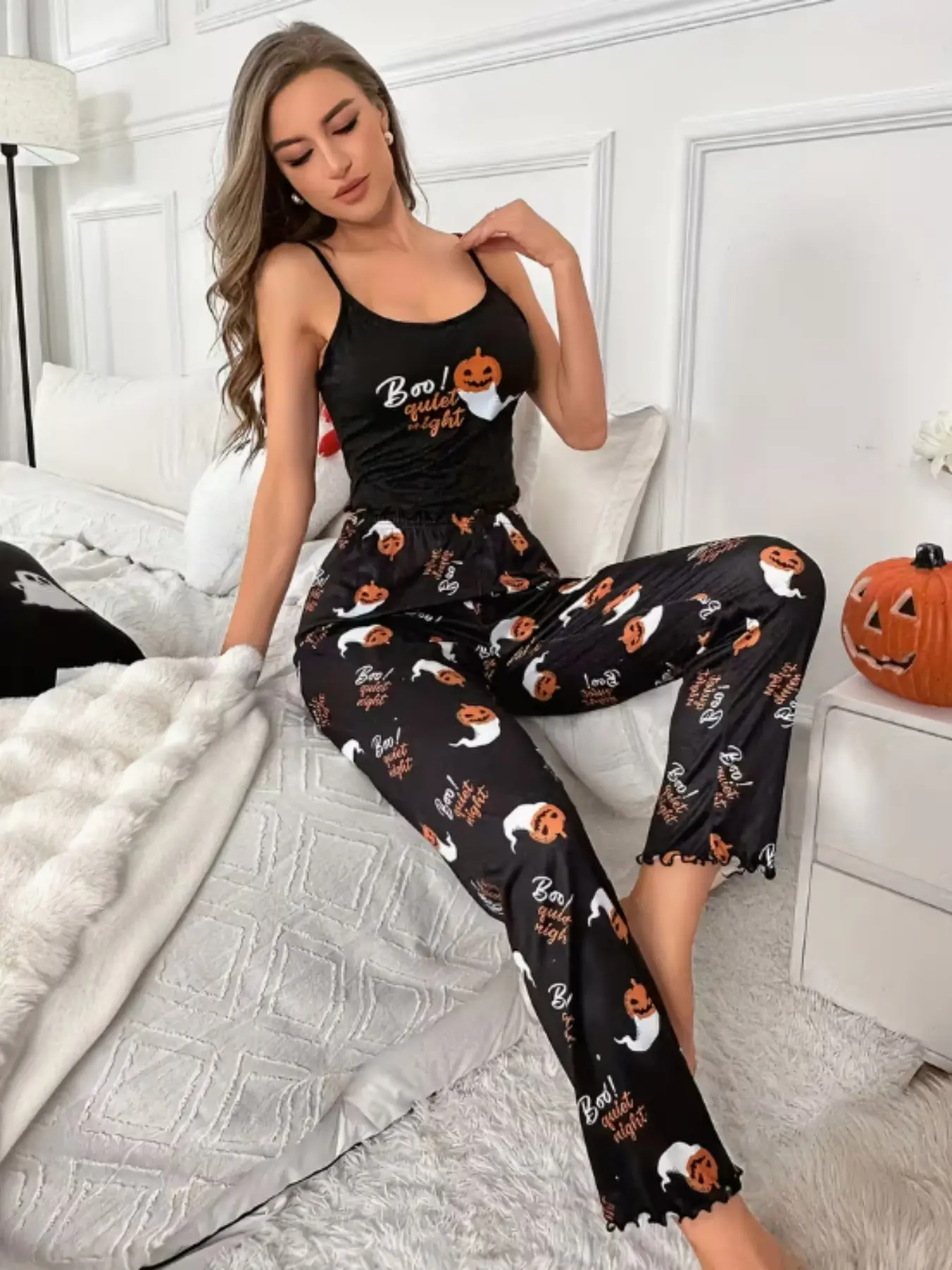Halloween Strapless Pumpkin Ghost Long Pants Pajama Loungewear Set, Casual Slim-Fitting Home Wear, All Seasons Pyjama Sets for Adults