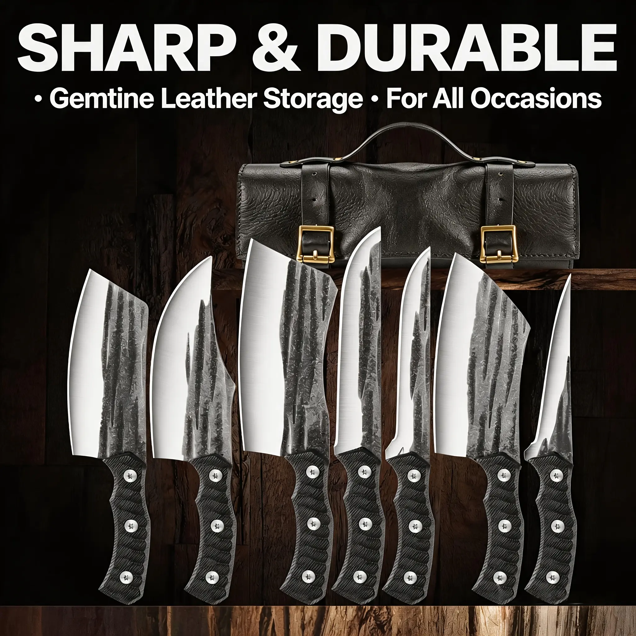 Chef Knife Set - 8Pc Hand Forged Butcher Knife Set for Meat Cutting, 3-7 Inch, Butcher, Cleaver, Boning, Utility, Splitting Knives for Meat Cutting Fruit Vegetable with Bag for Kitchen Outdoor BBQ Camping, Birthday Gift Idea