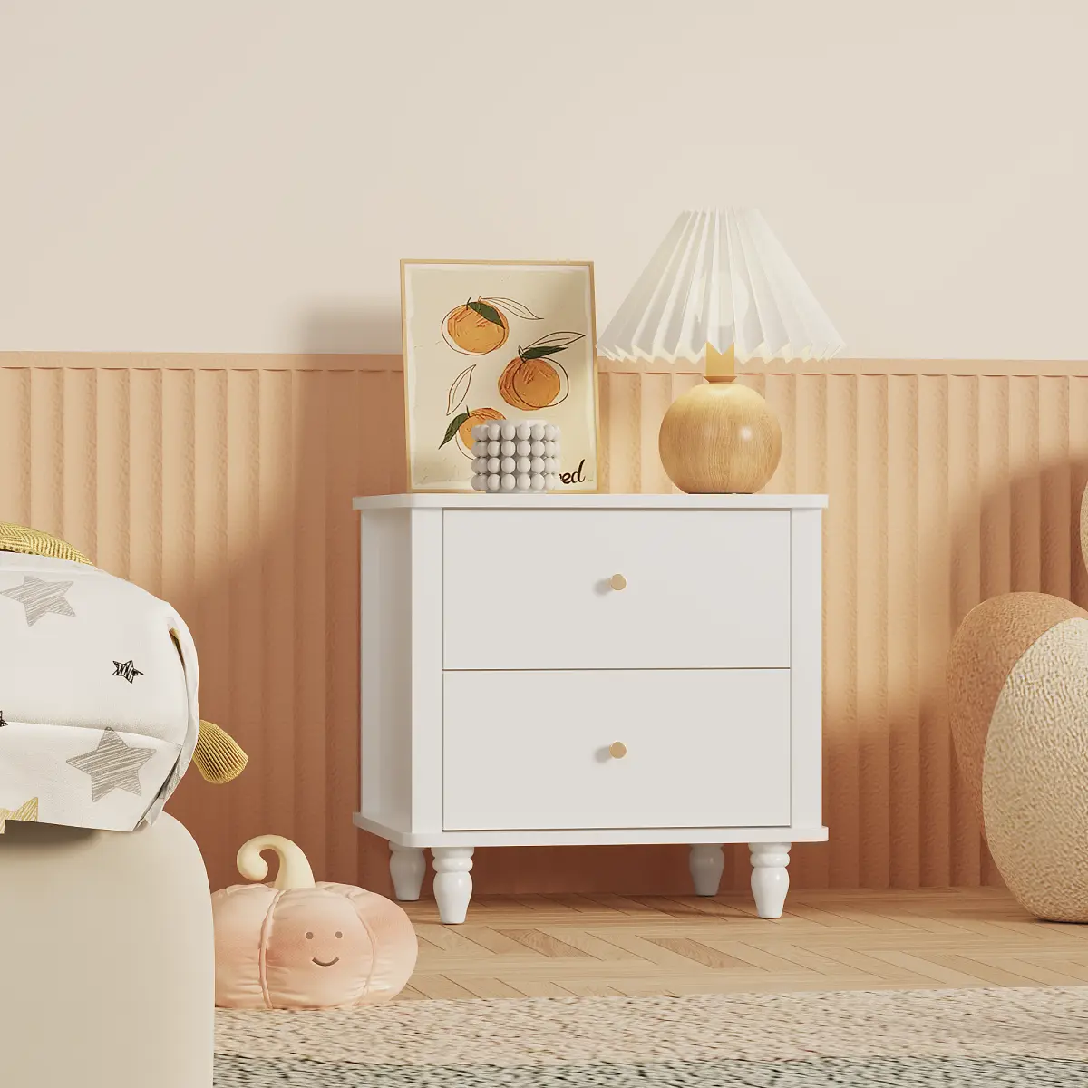 Modern 2-Drawer Nightstand, MDF Wooden Bedside Table with Round Knobs, Small Bedside Cabinet End Table for Bedroom, Living Room,  White