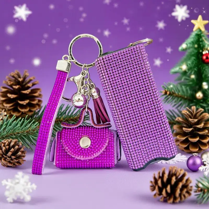 Women's Sparkly Bling Key Accessory Set - Cute Rhinestone Key Holder with Wrist Strap, Mini Pouch, Flashlight, Keychains for Women