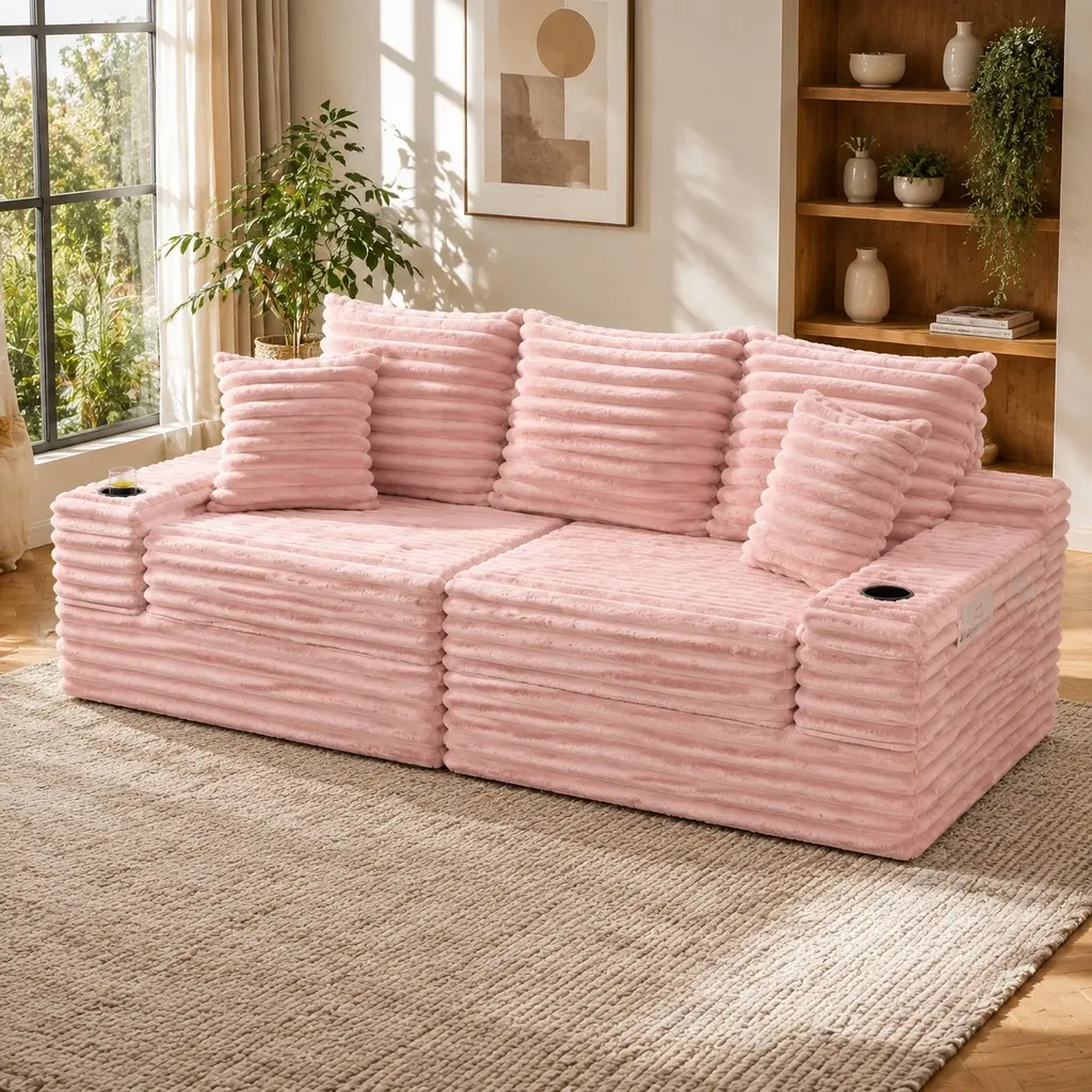 Oversized Boneless 4-Seat Corduroy Couch Bed - Modern Comfy Sofa with Cup Holders, Side Pockets, 3 Pillows, 2 Lumbar Pillows, No Assembly, Striped Memory Foam, for Living Room, Apartment, 107.5 in