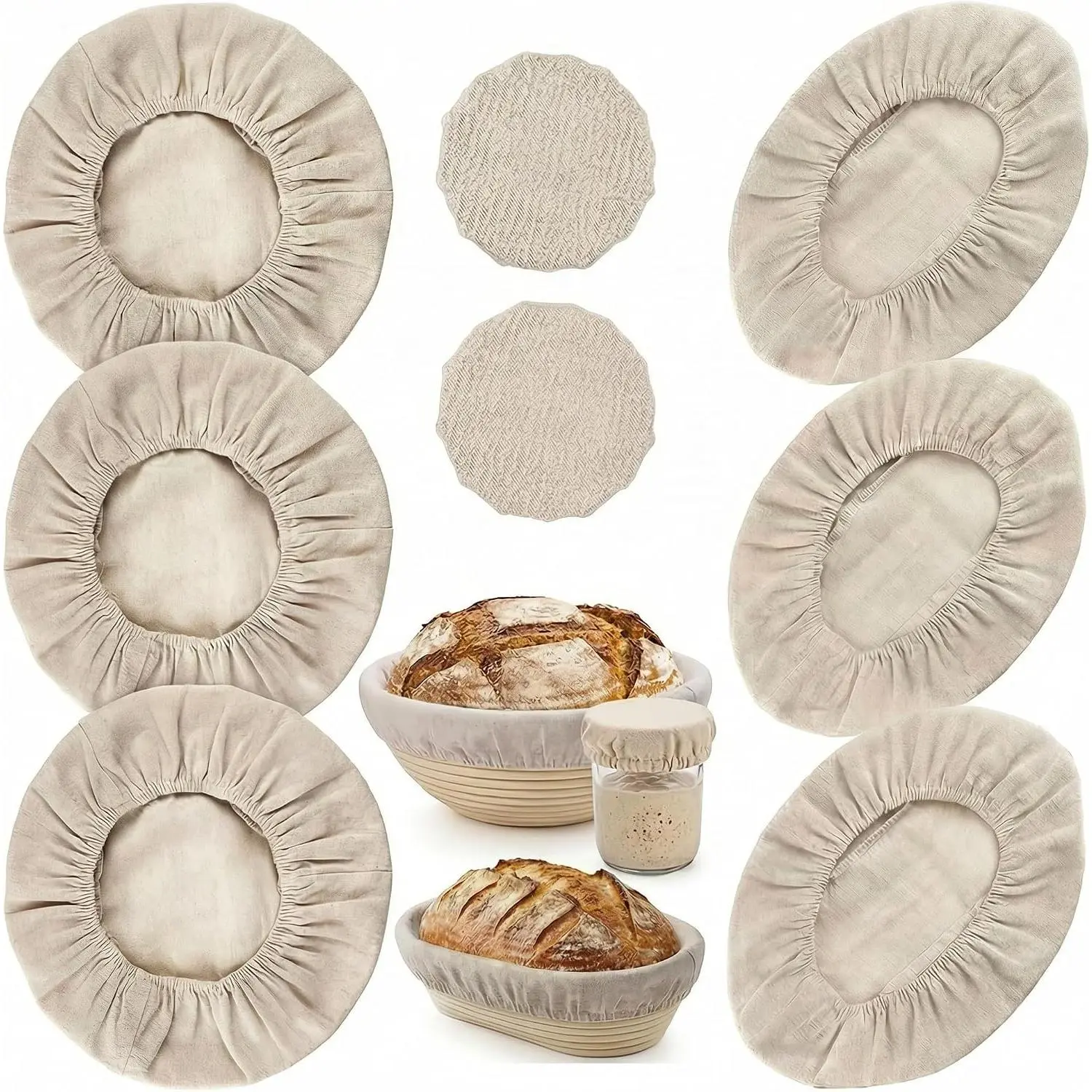 8 count Bread Proofing Basket Cloth Liner (3 Round & 3 Oval) & 2 Sourdough Starter Jar Covers, 10 Inch Banneton Basket Cover for Sourdough Baking,  Dough Bowl Liner (Combo)