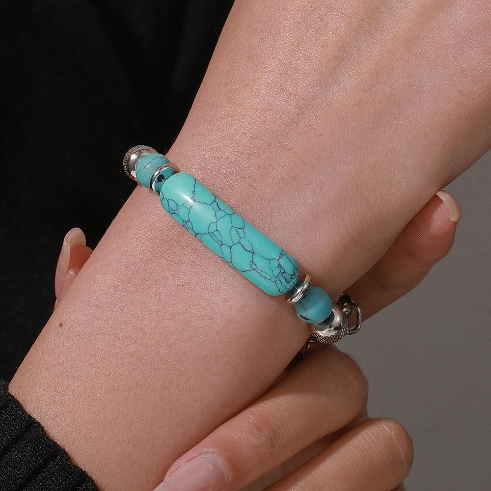 New Vintage Boho Turquoise Bracelet for Women, Natural Healing Crystal Stone with Stainless Steel & Titanium Steel Chain Mixed Bracelet, Waterproof Non-Tarnish Stackable Jewelry, Western Bohemian Style Wristband for Daily Wear, Party, Vacation, Perfect Gi