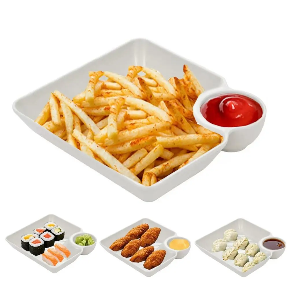 4-Piece Plastic Dumpling Plates with Sauce Compartment, Salad Serving Plates, Fancy Plastic Plates, Snack and Sushi Dishes for Appetizers, Tortilla Dip, Fruit, Ideal for Parties and Picnic