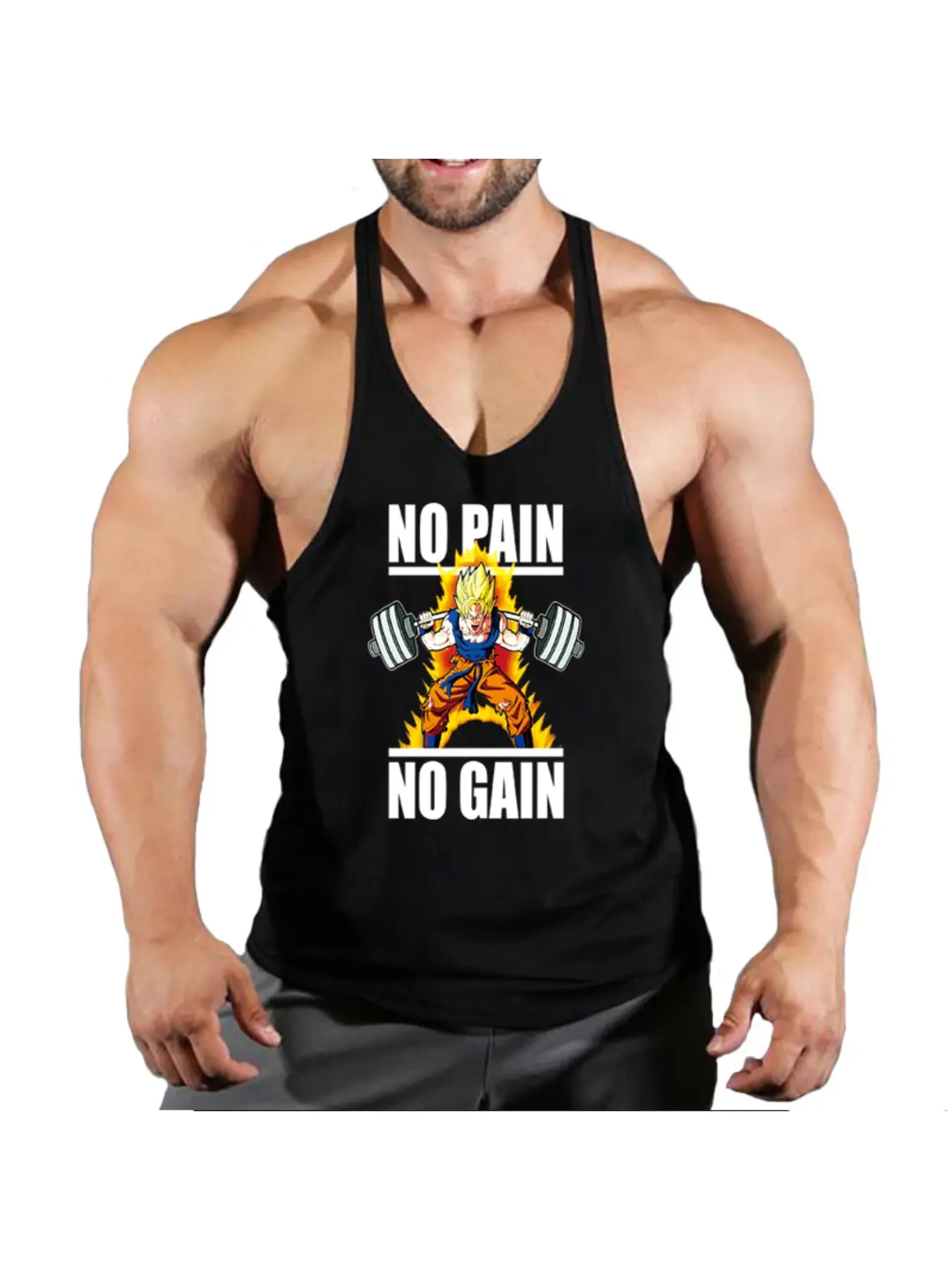 Men Workout Stringer Tank Top No Pain No Gain Super Goku Gym Print Breathable Training Sleeveless Top Sleeveless Sports Vests
