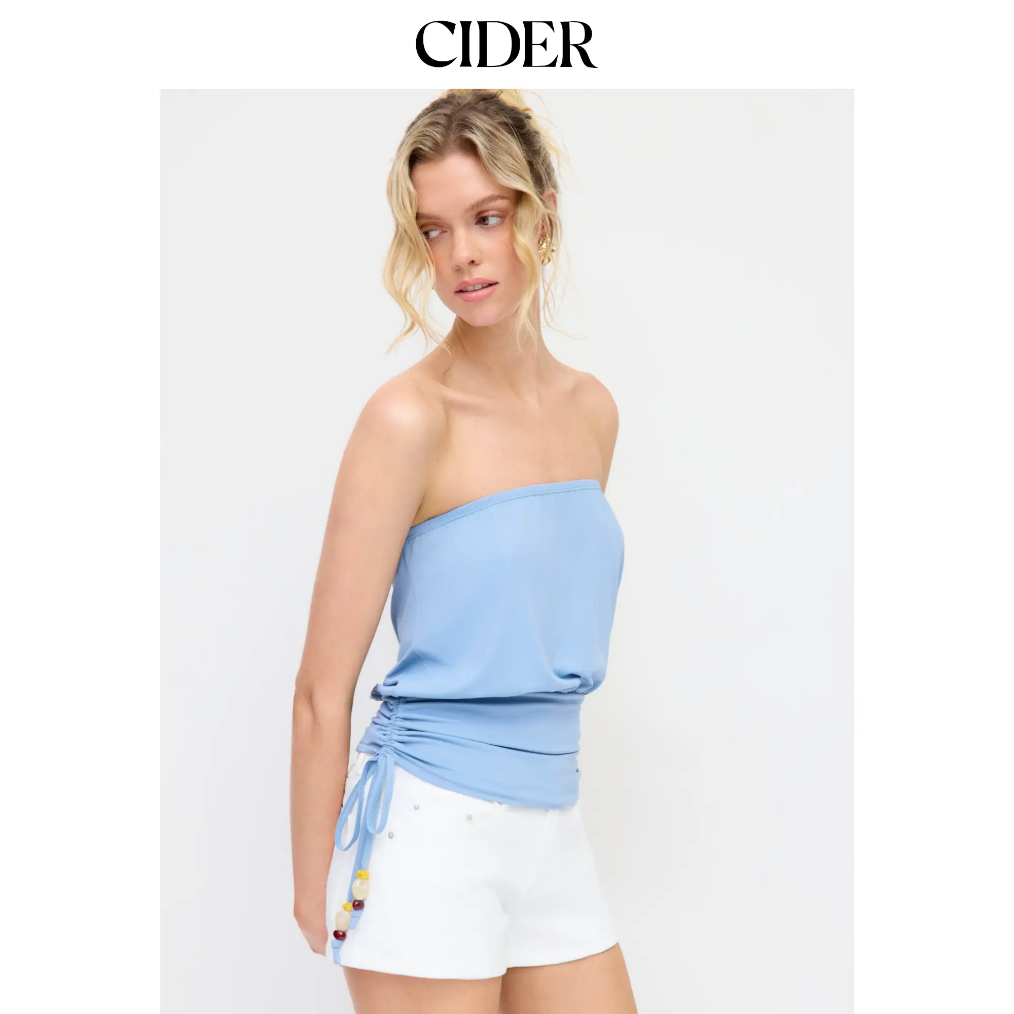 Cider Beaded Drawstring Ruched Bandeau Top