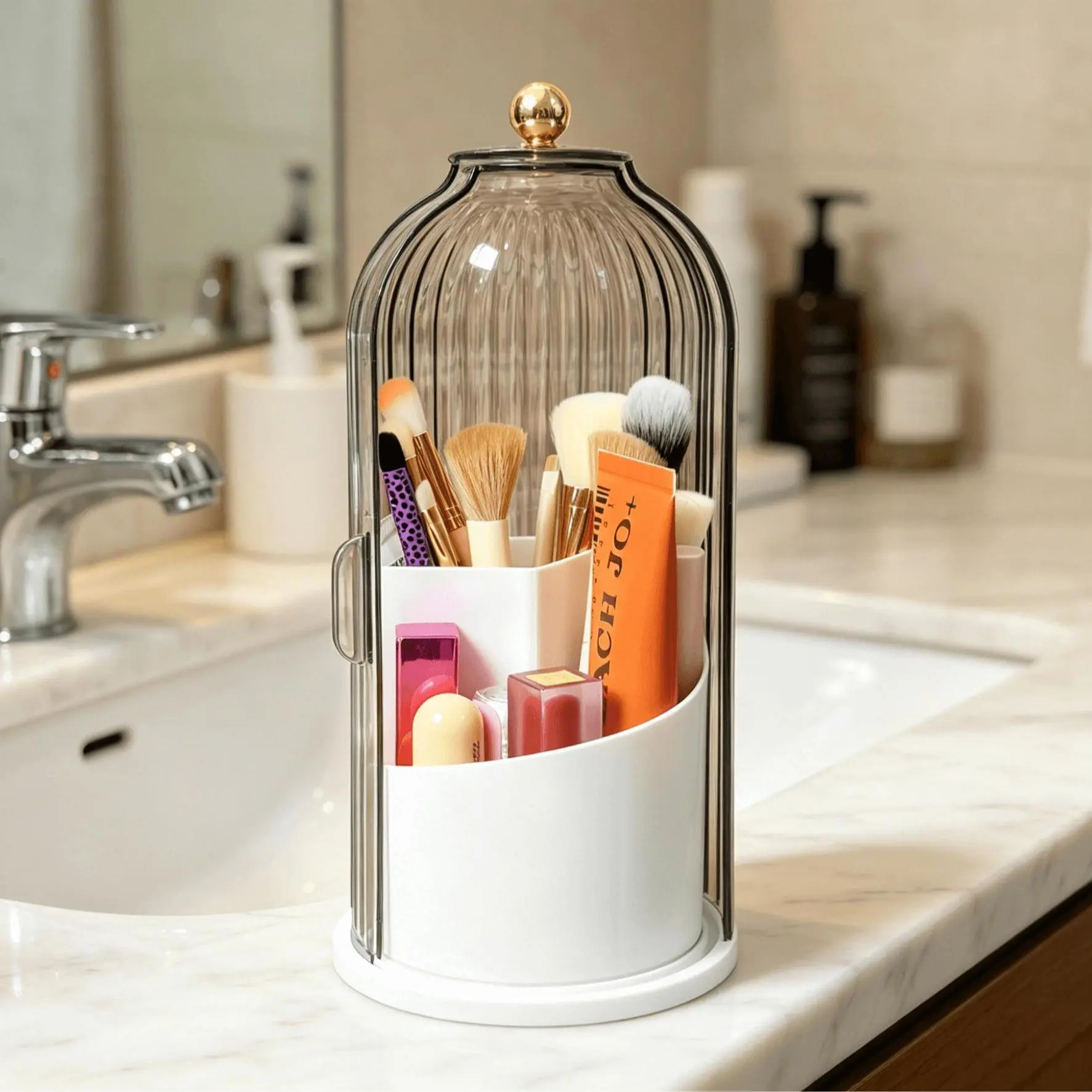 Makeup Brush Holder Organizer with Lid, 360 Rotating Luxury Birdcage Cosmetic Storage, Clear Vanity Organizer for Makeup Brushes Lipsticks Eyeliners