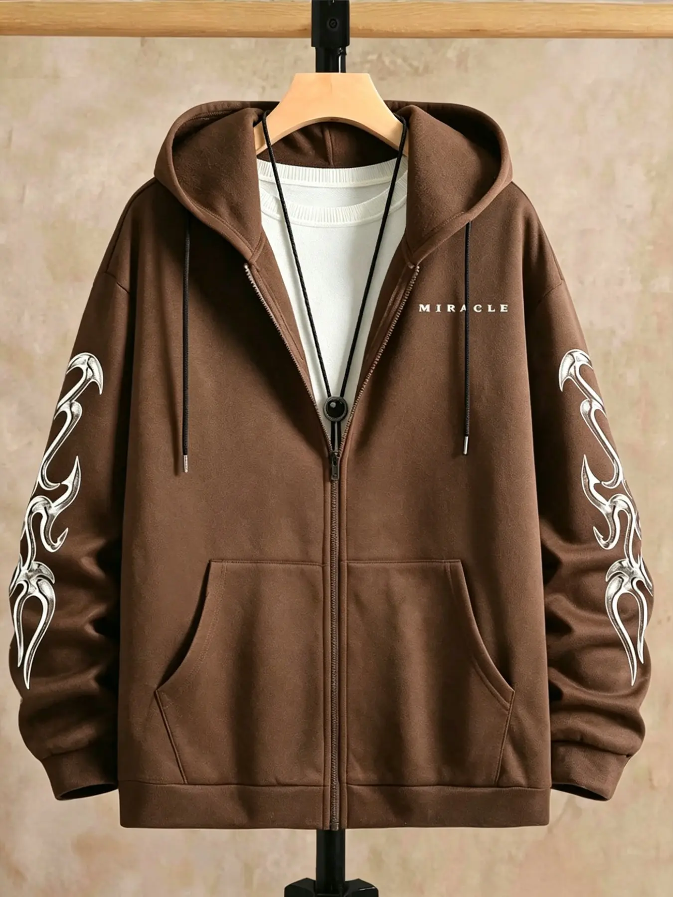 Black Oversized Full-Zip Hooded Sweatshirt, Casual Streetwear Sweatshirt, Soft Fleece Drawstring Hoodie Jacket, Silver Thorn and Flame Tattoo Prints on Both Sleeves, Small "MIRACLE" Logo on the Chest, Windbreaker with Punk, Y2K Vibes, All-Season