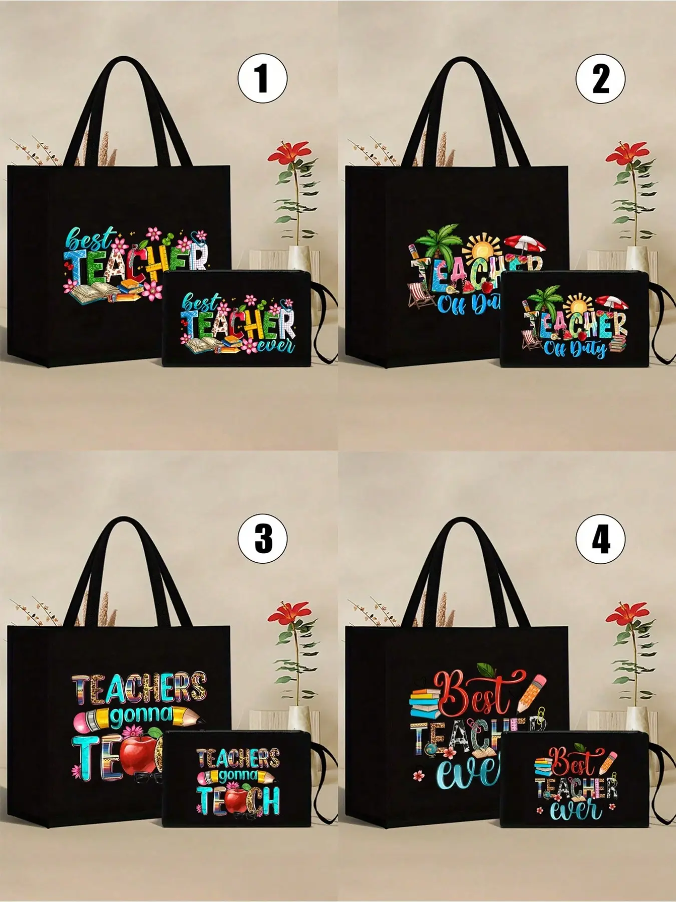 Best Teacher Ever Theme Tote Bag Set:Tote Bag For Women With And A Makeup Bag,Printed With Artistic Letters,Flowers,Books,Pens,Coconut Trees Pattern,Colorful Letter Printed Funny Tote Bag,Handbag Bag For Beach,Fashionable Large Capacity Makeup Bag