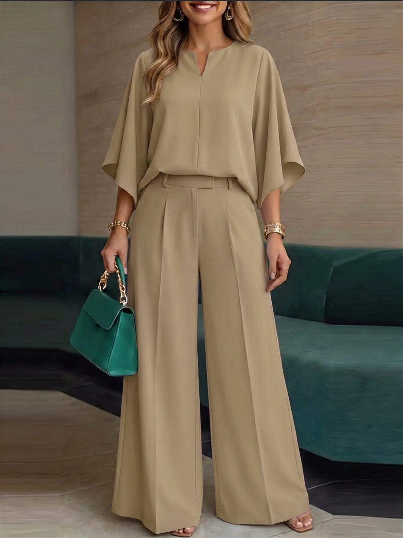 VONDA Women's Round Neck V-Neck Bell Sleeve Pullover, Solid Color Loose Fit A-Line Three Quarter Sleeves, Elastic Waist Wide Leg Pants Loungewear Set Clothes
