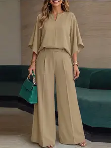 VONDA Women's Round Neck V-Neck Bell Sleeve Pullover, Solid Color Loose Fit A-Line Three Quarter Sleeves, Elastic Waist Wide Leg Pants Set