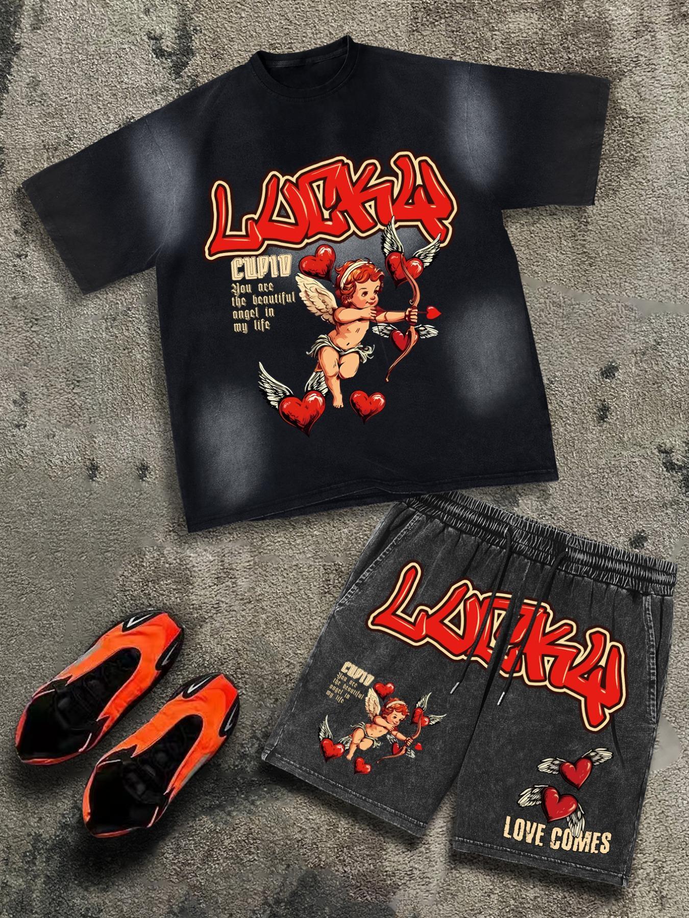 Men's Letter & Graphic Print Short Sleeve Tee & Shorts Two-piece Set, Round Neck T-shirt & Track Shorts, Casual Fashion Cozy Breathable Men Two-piece Outfits for All Seasons, Sets for Men Clothing, Cotton, Menswear, Outfit Suit Set, Matching Lounge Sets