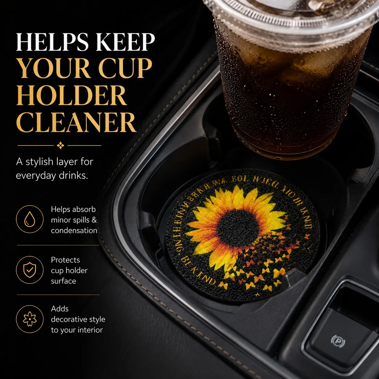 Sunflower Car Cup Holder Coasters 2 Pack, 6.50cm/2.56inch Round Anti-Slip Drink Holder Pads, Dustproof Car Interior Cup Mats for Vehicles, Trucks, SUVs, RVs and Daily Use, Car Accessories Cute