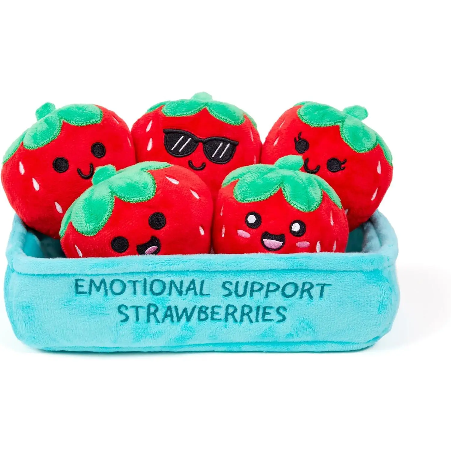 Squishy Strawberry Pet Plushies - No Fries, No Pizza, No Crinkle Fries Emotional Support Toys for Dogs & Cats, 5 Individual Cuddly Stuffed Pet Supplies with 1 Cozy Container, Birthday Gift for Ages 2-4