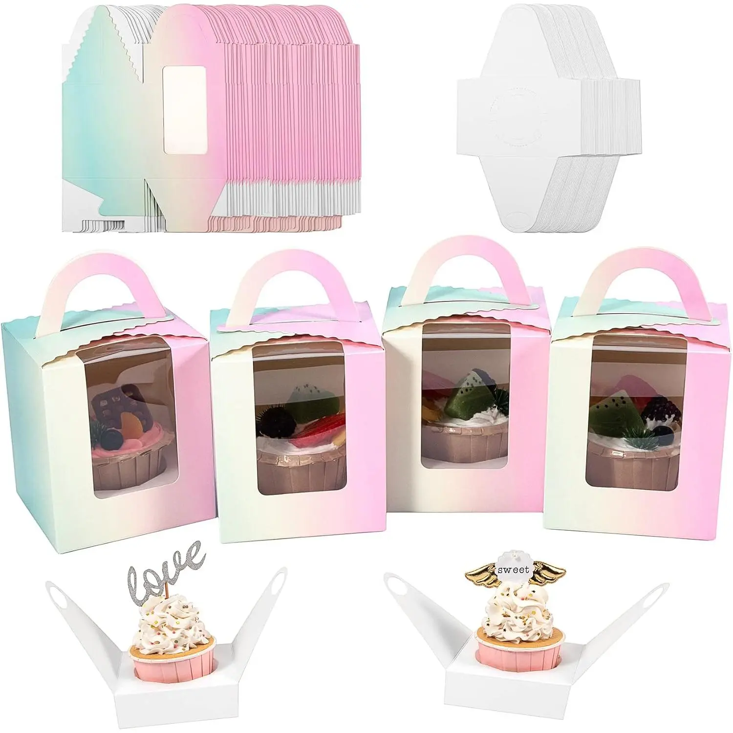 60 count Individual Cupcake Boxes, Single Cupcake Containers, Cupcake Carriers with Handle, Clear Window and Insert - Sold Wholesale/in Bulk (Multicolored Gradients)