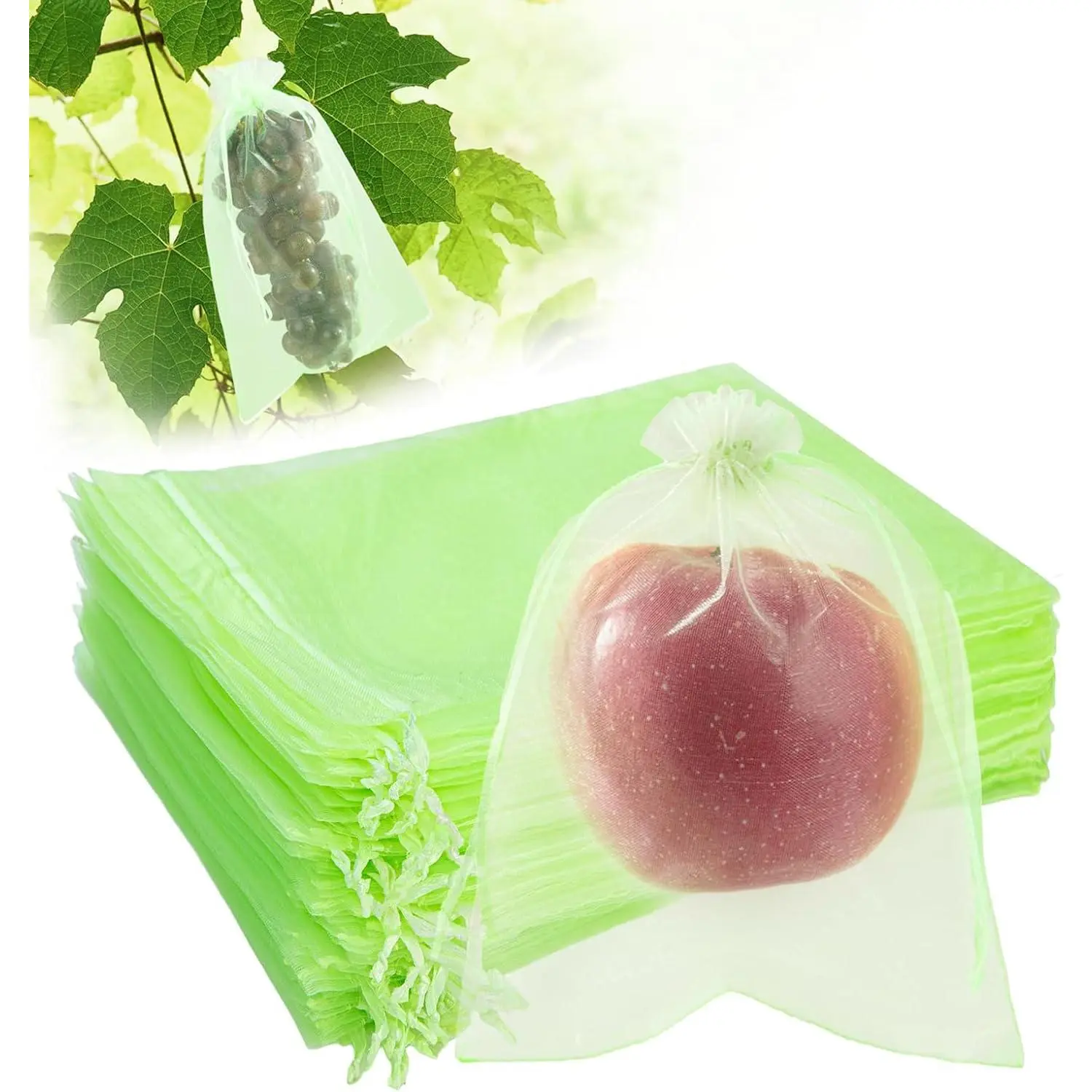 50PCS Fruit Protection Bags with Drawstring, 8x12 Inch Green Organza Produce Bags for Fruit Trees, Mesh Netting for Garden Protection