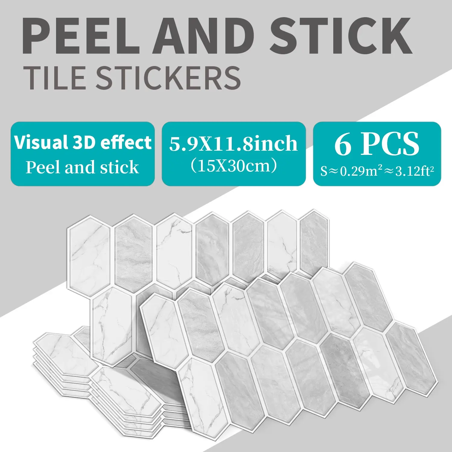 6/12/24 Pieces  Peel and Stick Wall Tiles, Elongated Hexagon Marble Self‑Adhesive Wall Stickers, Waterproof Removable Backsplash Tile for Kitchen Bathroom Home Wall Decor, 30cm X 15cm