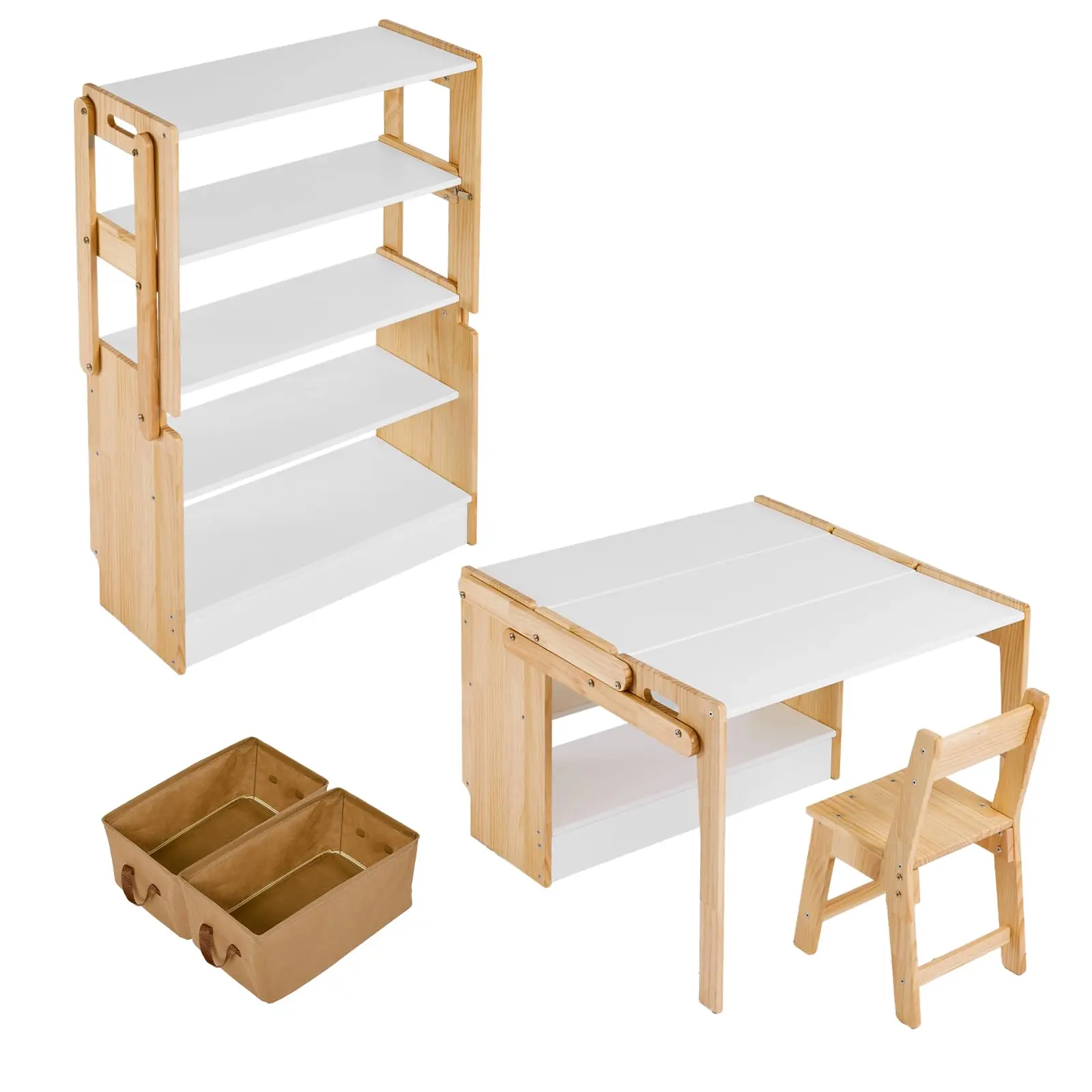 Child-Friendly Pine Wood Rectangular Folding Adjustable Convertible Art & Craft Table Set - 47" Activity Desk with Storage Shelves, 3 Bins, 2 Chairs for Kids’ Home, Folding Table