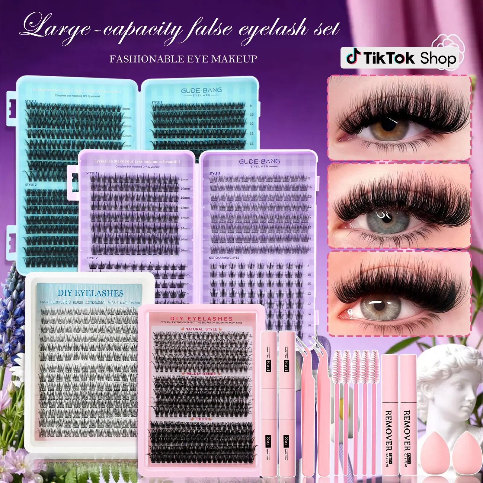 Cluster False Lash Extension Kit, Mega Eyelash Clusters, Mixed Sizes, Natural, Cat Eye, Dense, Soft & Lightweight, Includes Adhesive, Remover, Tools, DIY Lash Making, Valentine's Day Gift