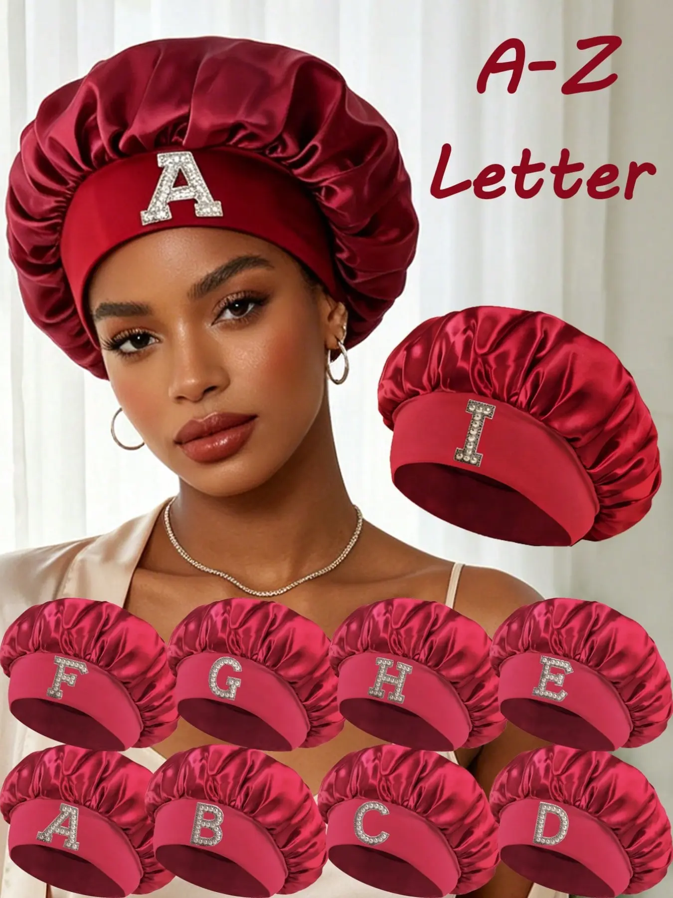 1 Piece A-Z Customized Pearl Lettered Satin Sleep Bonnet, Anti-Static Night Hair Cap, Soft Skin-Friendly Hair Wrap with Matching Elastic Letter Headband, Multipurpose Head Cover for Sleeping, Shower, Makeup Removing & Home Hair Care