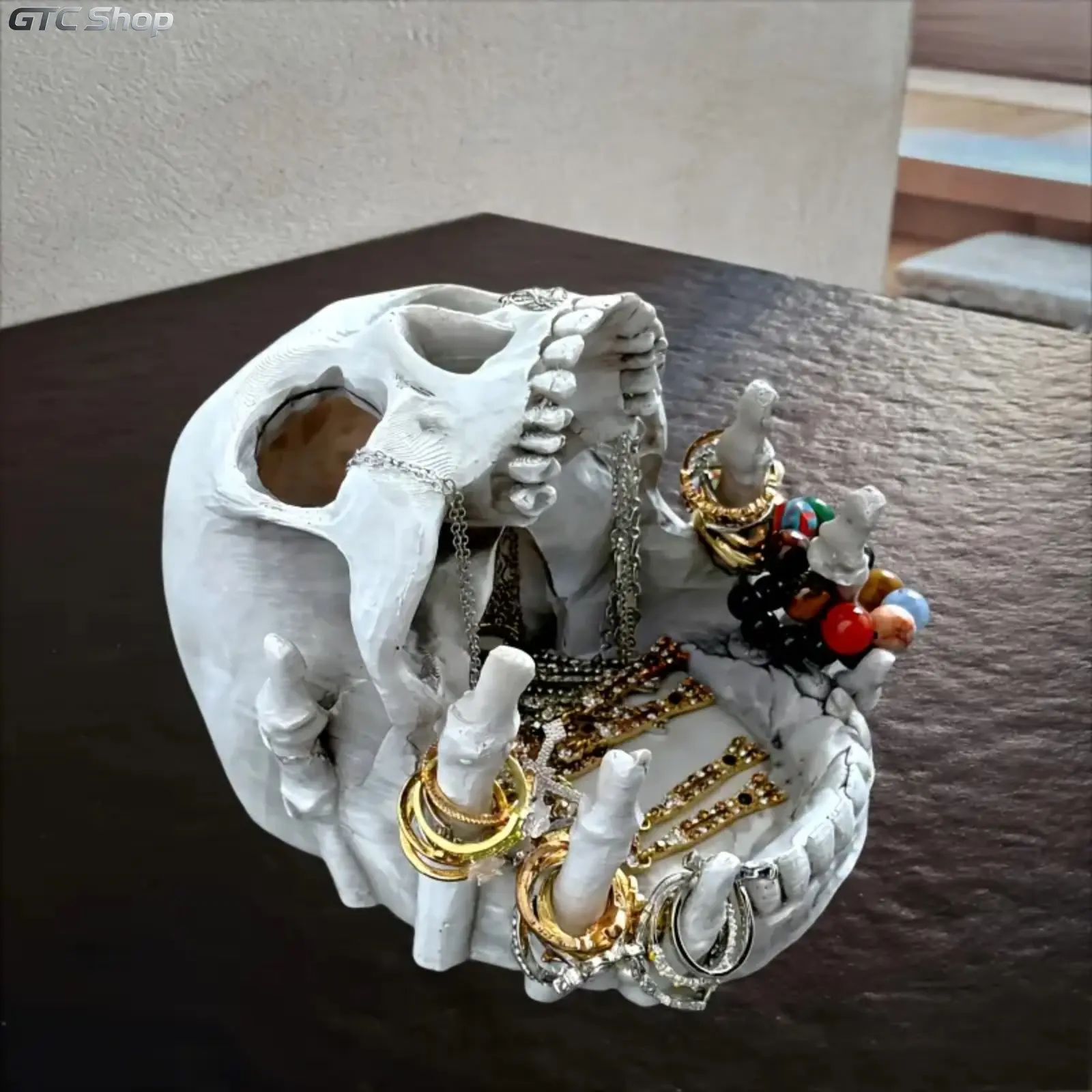 Skull Jewelry Storage Box - Gothic Halloween Decor with Multiple Compartments, Necklace Hooks and Liner - Resin Desktop Storage Box for Rings, Earrings, Necklaces - Artistic Home Decor Accessory