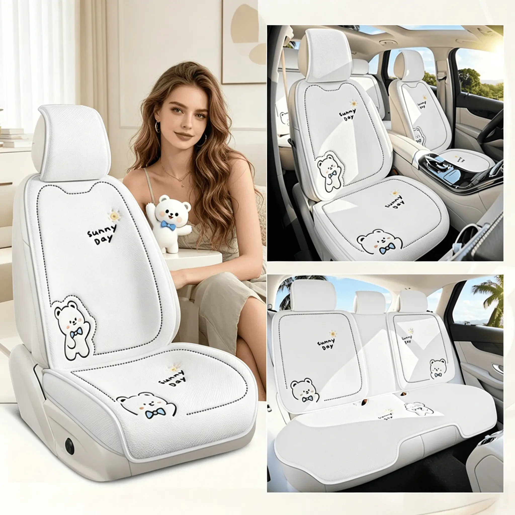 7-Piece Car Seat Covers Set, Breathable Linen, Automotive Seat Covers, Universal Fit for 5-Seat Cars and SUVs, 4 Color Options, All-Season Use, Cute Bear Design