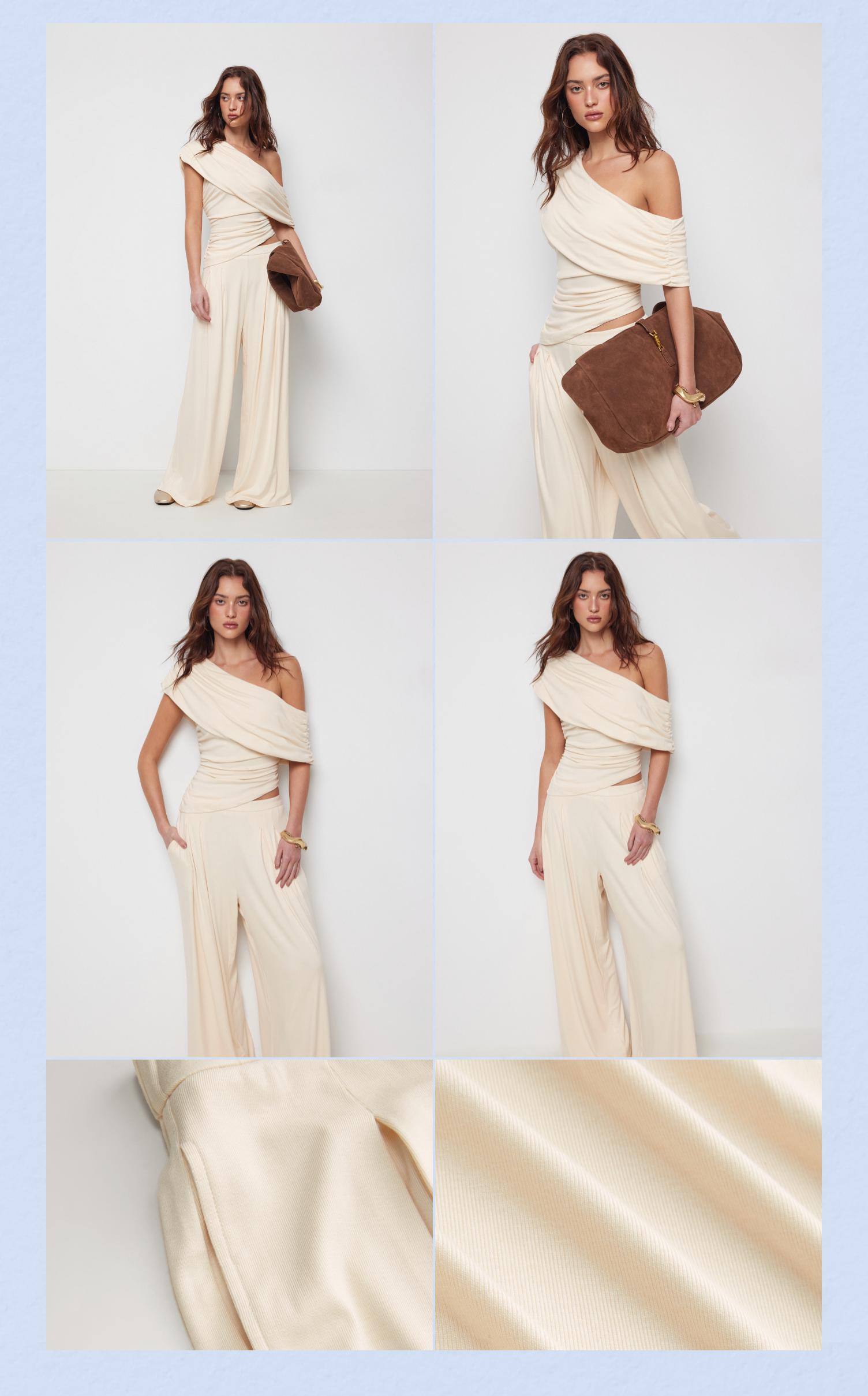 Cider Asymmetrical Neck Ruched Top & Mid Rise Wide Leg Trousers Set SwimWeek