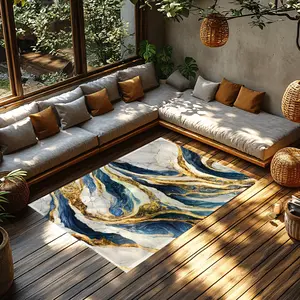 Navy Blue Gold Fluid Marble Crystal Velvet Luxury Area Rug #FluidMarbleRug #NavyGoldFloorMat #GoldVeinsMarbleCarpet #CrystalVelvetHomeDecor