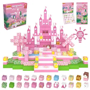 Pink  Magnetic Building Blocks Set 100-Piece House/castle Kit with LED Light Blocks High-Quality Girls' Toy for Creative Play Ideal Princess Gift for Kids Aged 3 4 5 6 7 8 9 10 11 year oldsconstruction kit ,relief toy
