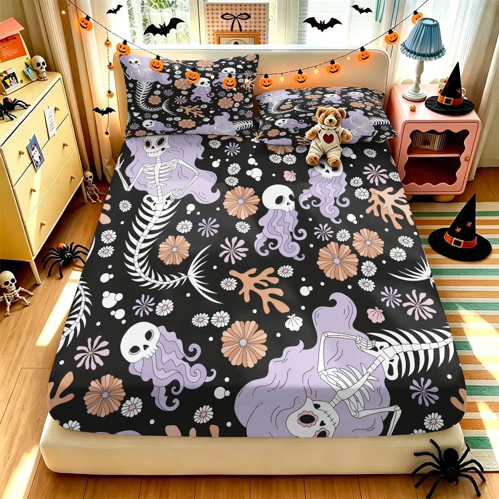 Dreamy Seabed Mermaid‑skeleton Floral Halloween Fitted Sheet Set, Include 1 Fitted Sheet and 2 Coreless Pillowcases, Soft breathable deep‑pocket bedding for young decor lovers, dorm decor & holiday gift