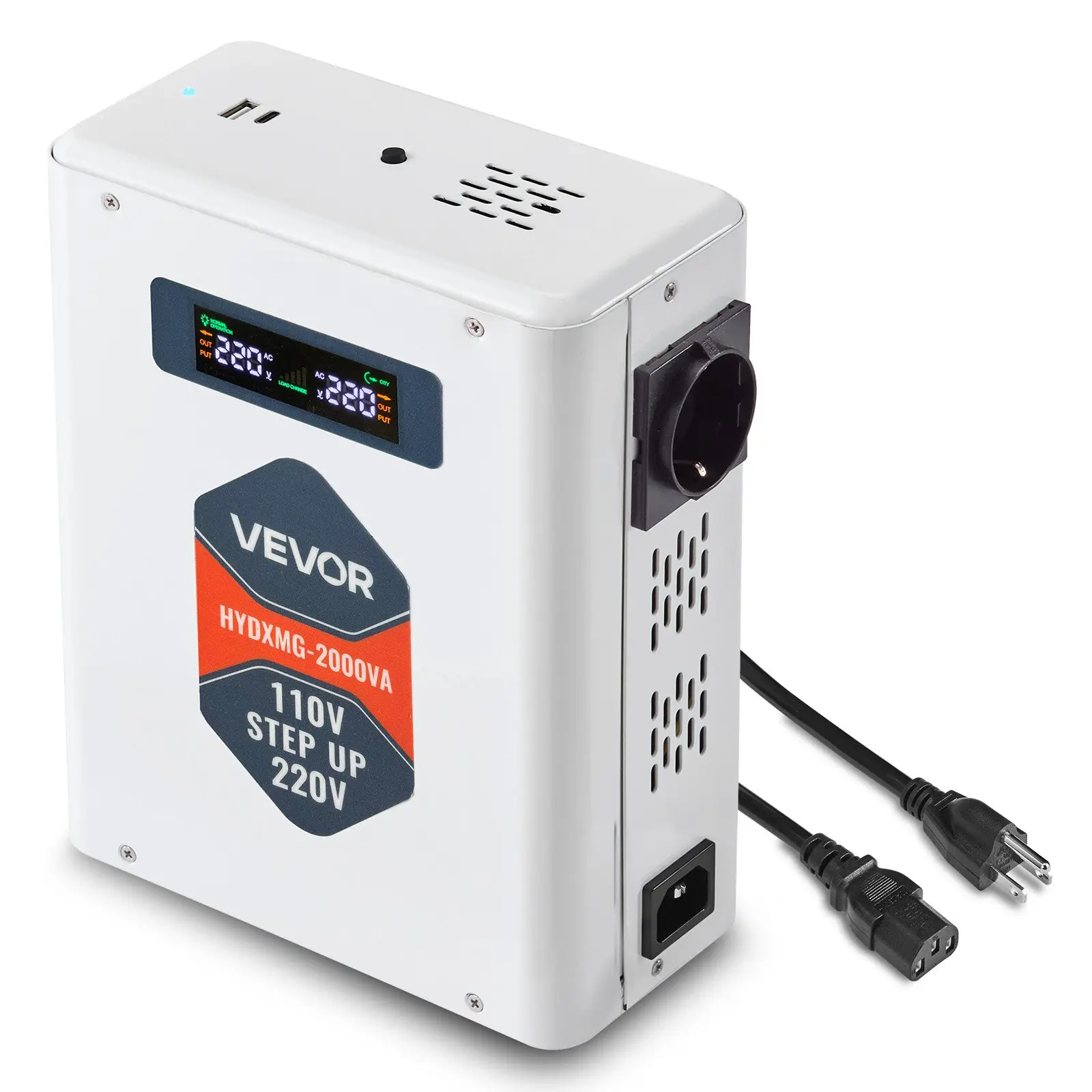 VEVOR 2000 VA Heavy Duty Step-Up AC Power Supply Voltage Converter - 110V to 220V Transformer with Metal Housing, 2 EU Outlets, 1 USB Output, 1 Type-C Output, LCD Monitor, Overheat Protection, Damp-Proof Circuit Board, 80% Max Load for Pet Appliances