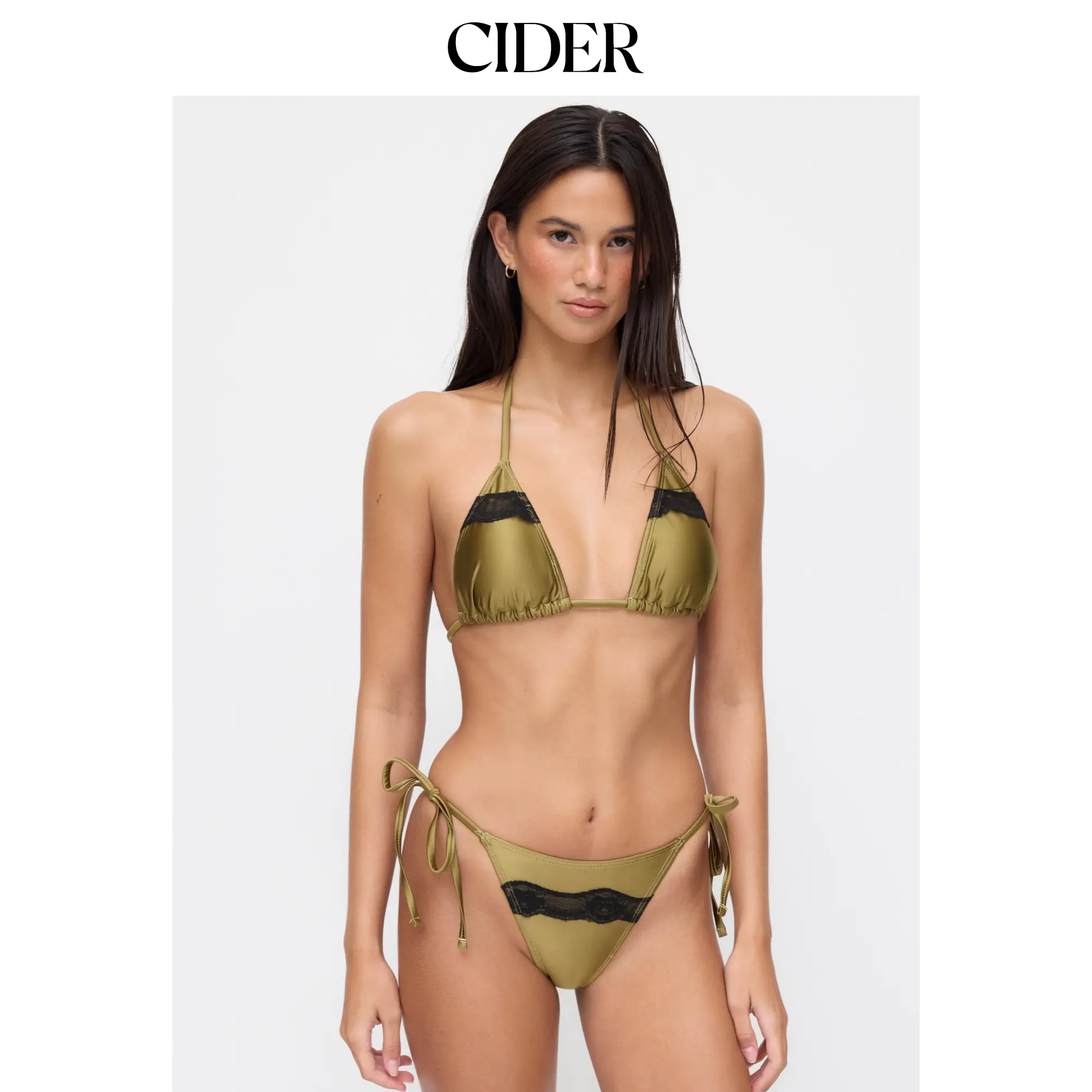 Cider Lace Trim Halter Neck Triangle Bikini Set With Adjustable Straps