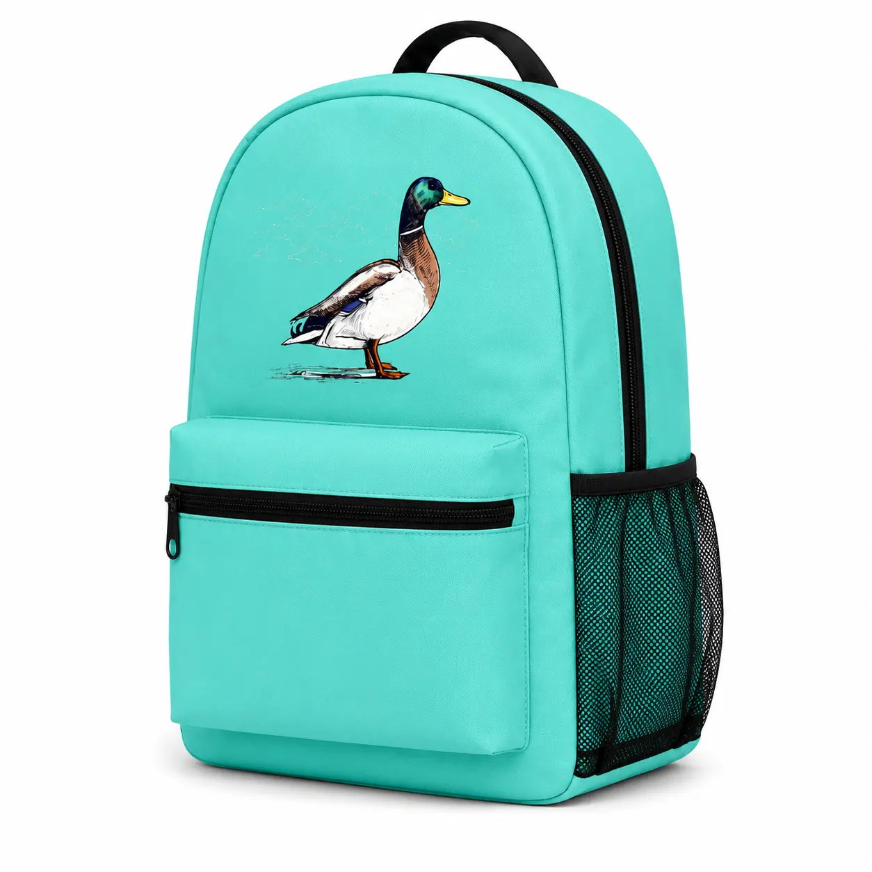 Turquoise Duck Backpack, Cute Mallard Graphic School Bag for Boys Girls, Lightweight Student Bookbag with Side Mesh Pocket, Front Zipper Pocket and Top Handle, Casual Travel Daypack, Daily Use Bag, Back to School Gift for Elementary Students