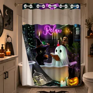 1Pc Hookless Double Layer Shower Curtain, Black Cat Ghost Bathtub Pumpkin Spiderweb Print Halloween Bathroom Decor, Waterproof Mildew Resistant Washable Fabric, Removable Snap-in Liner, Top See-Through Window, For Apartment, Guest Bath, RV