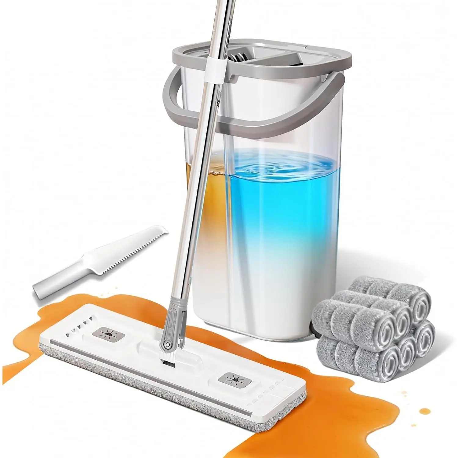 360° Flat Squeeze Mop and Bucket Set Pack, Long Handle with Wringer Bucket, 6 Removable & Washable Water Absorbent Microfiber Pads, Wet Dry for Kitchen Bathroom Cleaning, Ideal Gift for Women, Washable Pads, With Bucket