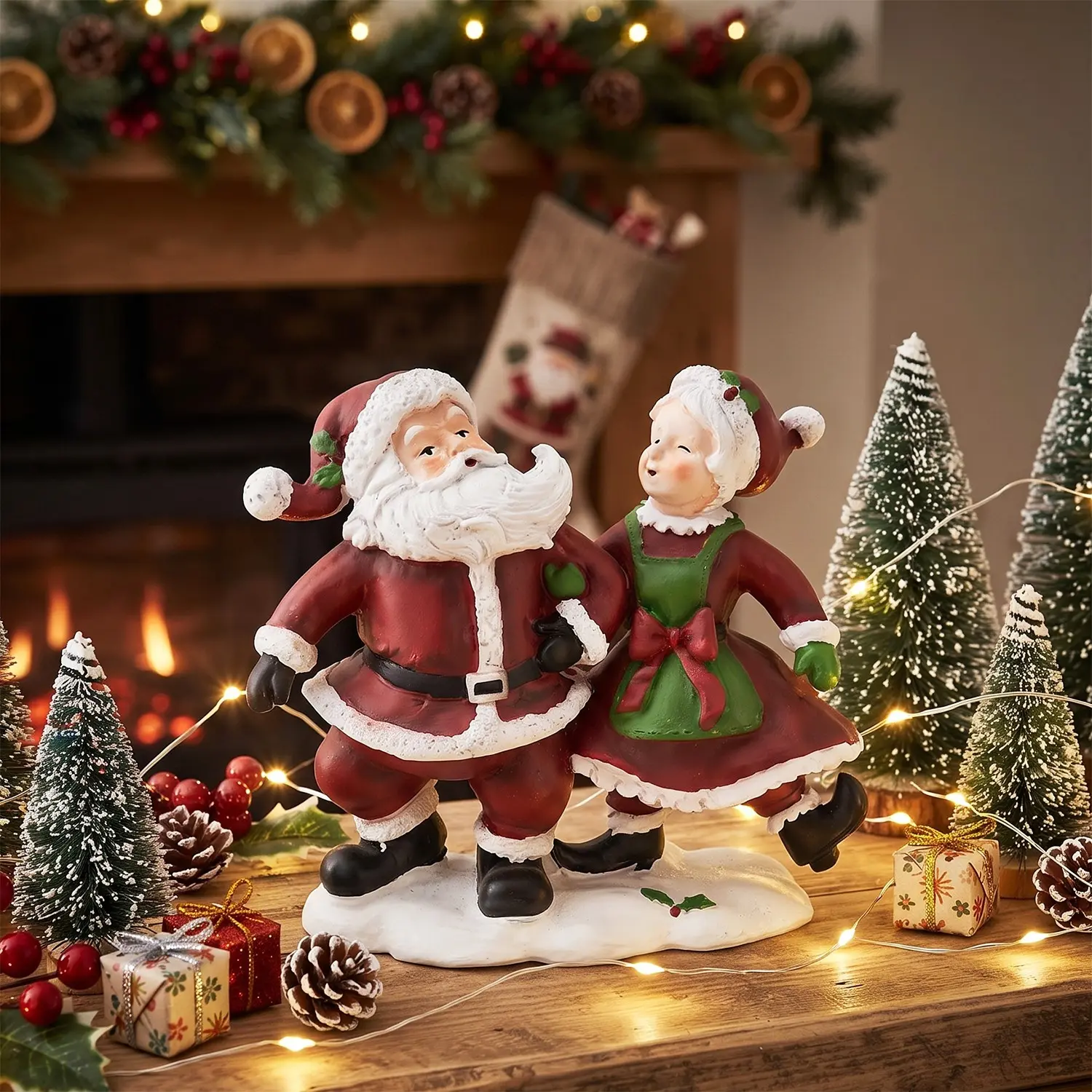 Dancing Santa Claus and Mrs. Resin Statue, Vintage Christmas Ornament, Winter Desktop Shelf Decor, Indoor Home Decoration, Christmas Gift