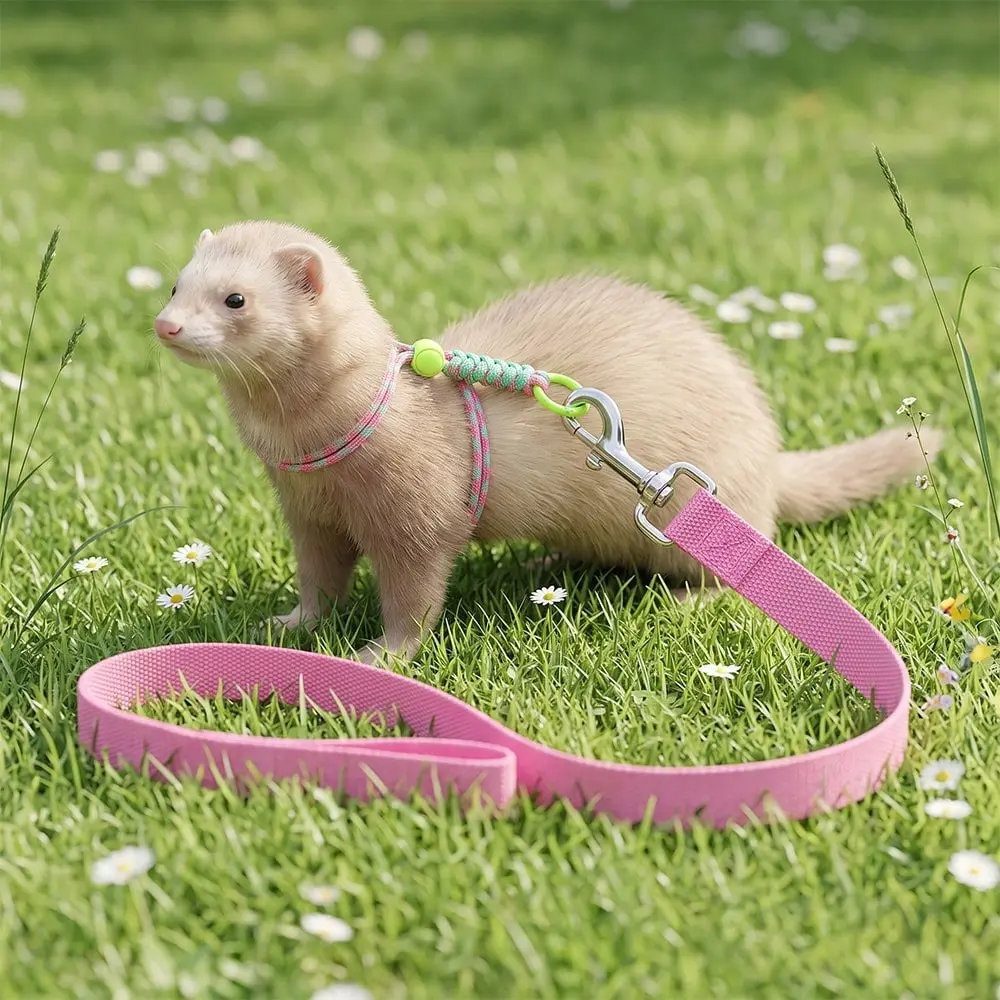 1Set Adjustable Small Pet Harness Leash Combo, Braided Neck Strap Matched With Wide Trailing Lead, Outdoor Travel Walking Restraint Kit, Anti-slip Movement Control Gear For Ferrets, Rabbits And Guinea Pigs For Lawn Outside Activities