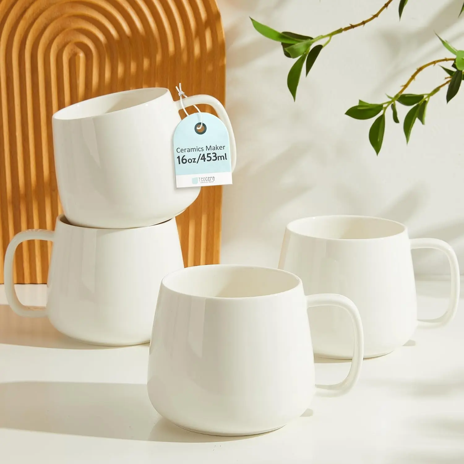 16oz Ceramic Coffee Mugs Set of 4 – Stackable Latte Cups, Microwave, Dishwasher & Oven Safe – Ideal for Coffee, Cappuccino, Hot Chocolate, Housewarming Gifts, White