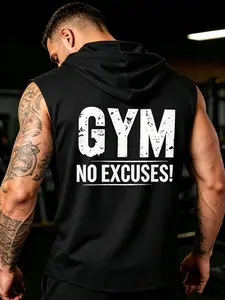 Men’s NO EXCUSES Distressed Print Sleeveless Hooded Tank Top | Muscle Slim Fit Cut, Skin-Friendly Breathable Quick-Dry Fabric, Versatile Multi-Wear Design, Sweat-Wicking & Moisture-Control Gym Vest, Ideal for Gym Weightlifting, Outdoor Jogging, Home Worko