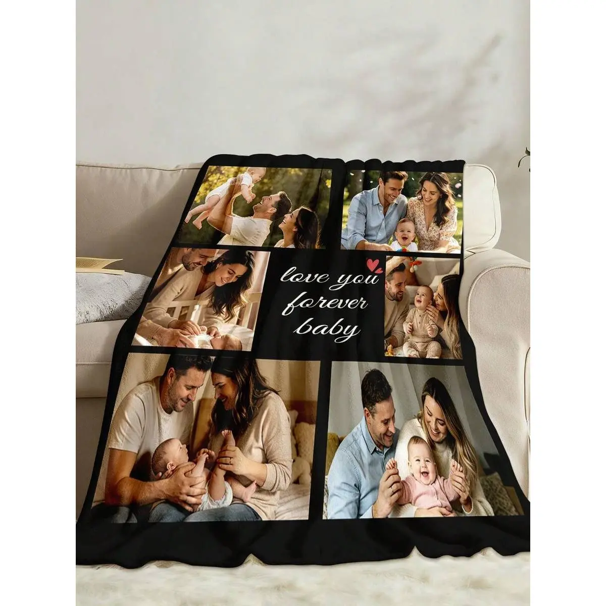 Customized Photo Collage Flannel Throw Blanket with Heart Accent - Smooth Texture, Soft, Cozy, Warm, Wrinkle Resistant, Multi-Size Home Room House Decor, Personal Memory Keepsake Gift for Adults
