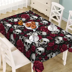 Halloween Gothic Skull Rose Tablecloth, Horror Skull Flower Decorative Tablecloth, Party Dinner Picnic Decoration, No Power Needed