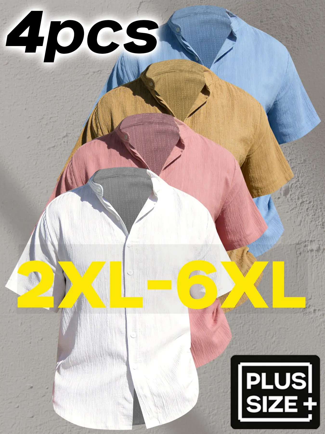 4pcs Men's Plus Size Summer Short Sleeve Shirt, Casual Daily Shirt, Lightweight Breathable Solid Color, Casual Stand Collar, Perfect for Gifting
