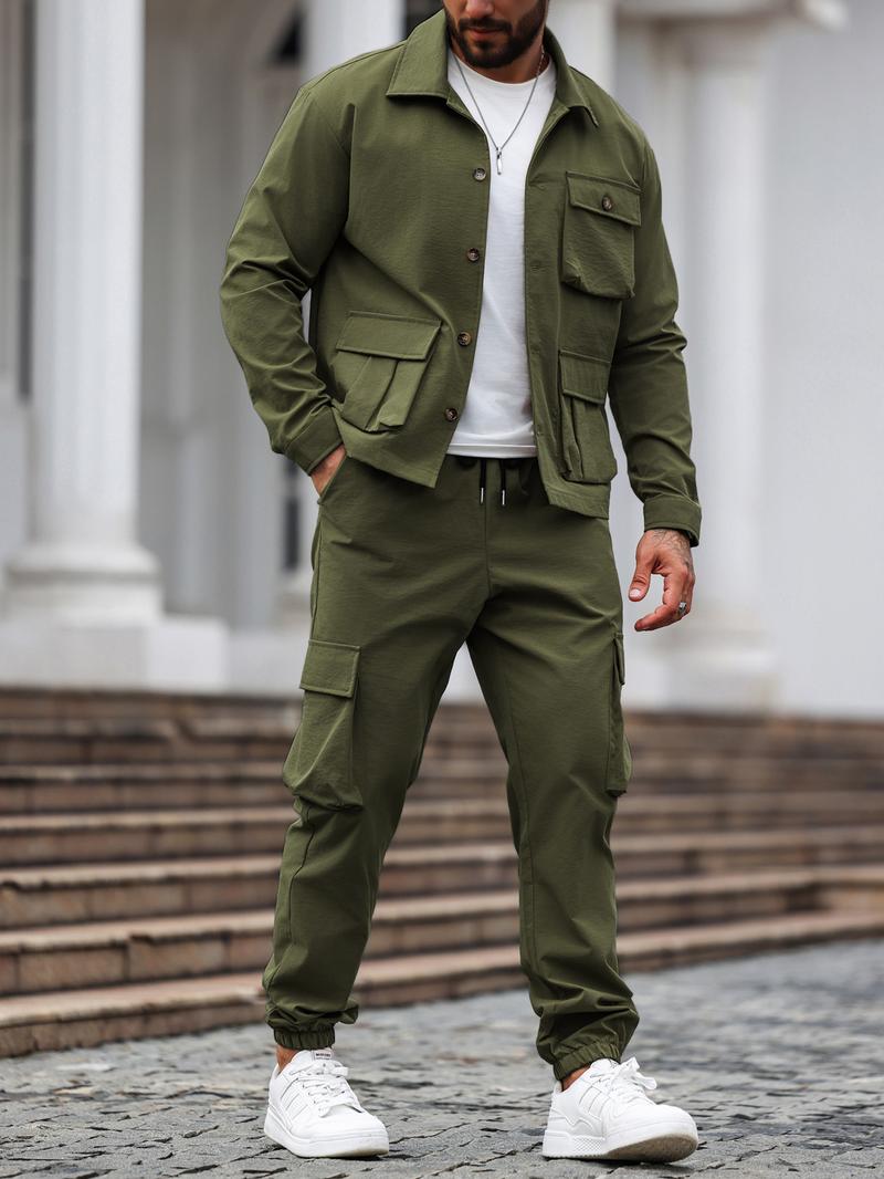 Men's Solid Color Pocket Button Front Jackets & Pants Two-Piece Set, Casual Long Sleeve Collar Top & Trousers Set, Men's Spring & Fall Clothes Men's Solid Color Pocket Button Front Jackets & Pants Two-Piece Set, Casual Long Sleeve Collar Top & Trousers Set, Men's Spring & Fall Clothes