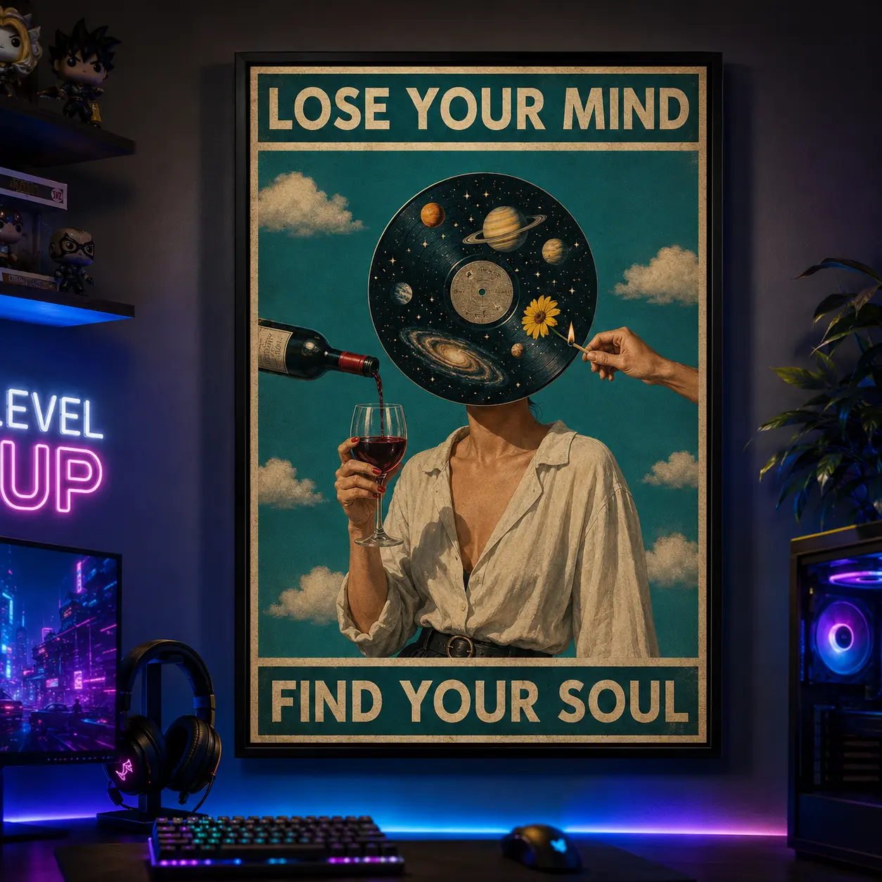 Vintage "Lose Your Mind Find Your Soul" Framed Canvas Poster - Abstract Music Girl Graphic Print, Mental Health Quote Artwork, Unique Room Decor Decoration for Bedroom, Indie Aesthetic Home Wall Gift