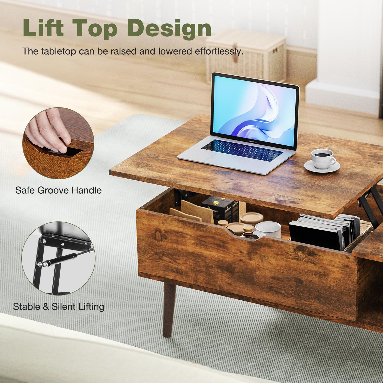Lift Top Coffee Table with Hidden Compartment and Storage Shelf, Adjustable Wood Center Table for Living Room