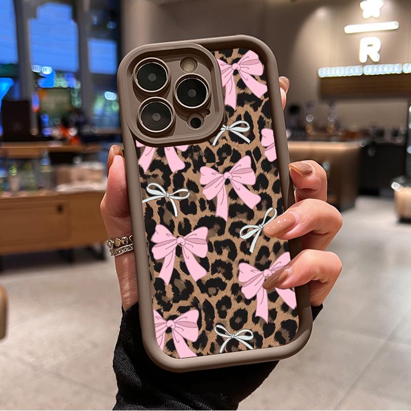Case for iPhone 17 Pro Max 16 Plus 15 14 13 12 11 Air E Fashion Bowknot Leopard Pattern  Drop Protection Shockproof Soft Silicone smartphone Cover