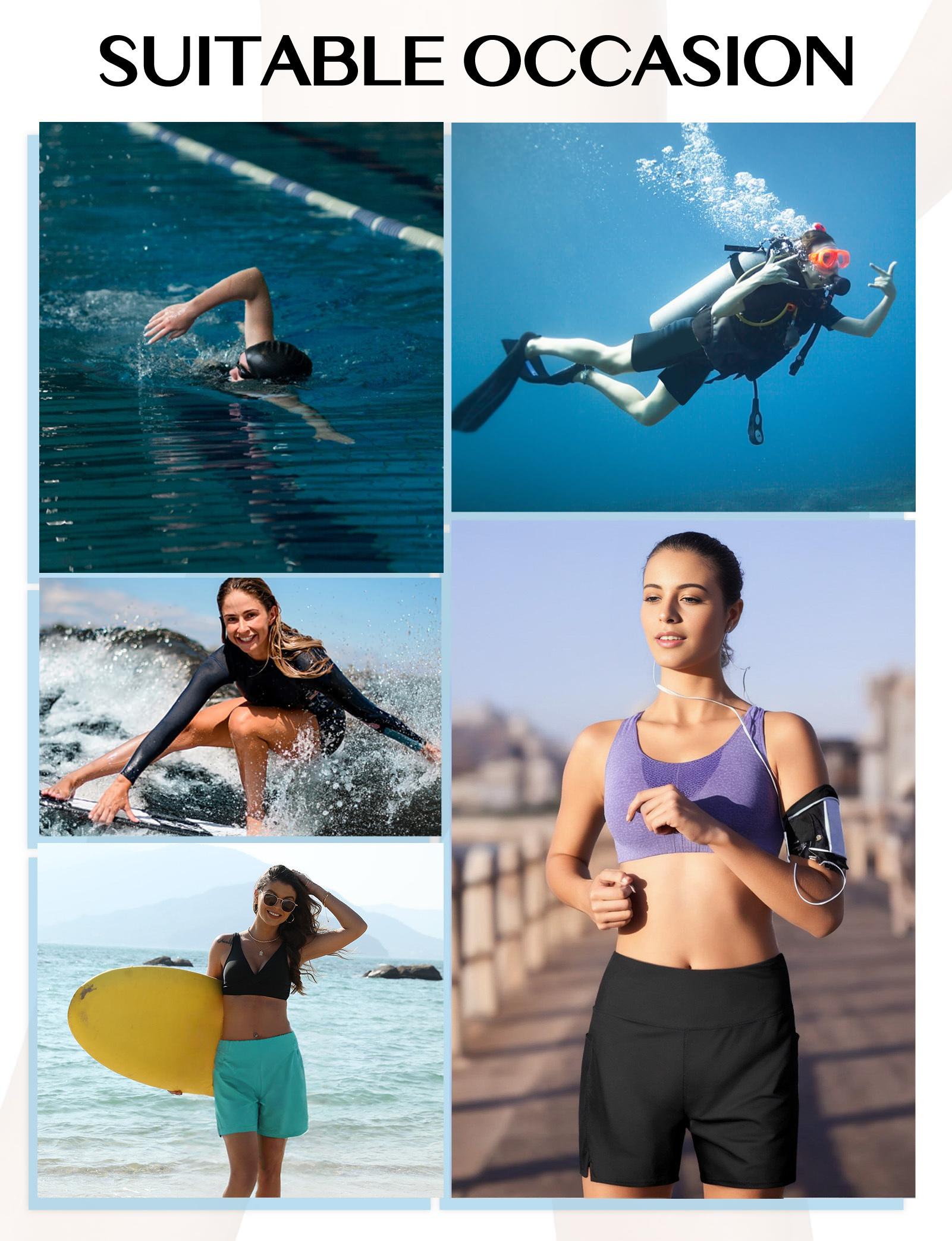 Women's 5 Inch High Waist Swim Board Shorts with Liner and Pockets - Quick Dry Beach & Swim Shorts