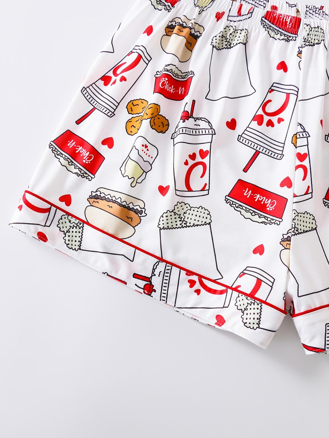 Women's All Over Print Button Front Shirt & Shorts Pyjama Set, Comfort Two-piece Pj Set for Homewear, Women's Sleepwear for All Seasons, Pajama Set, Casual Sleepwear Set